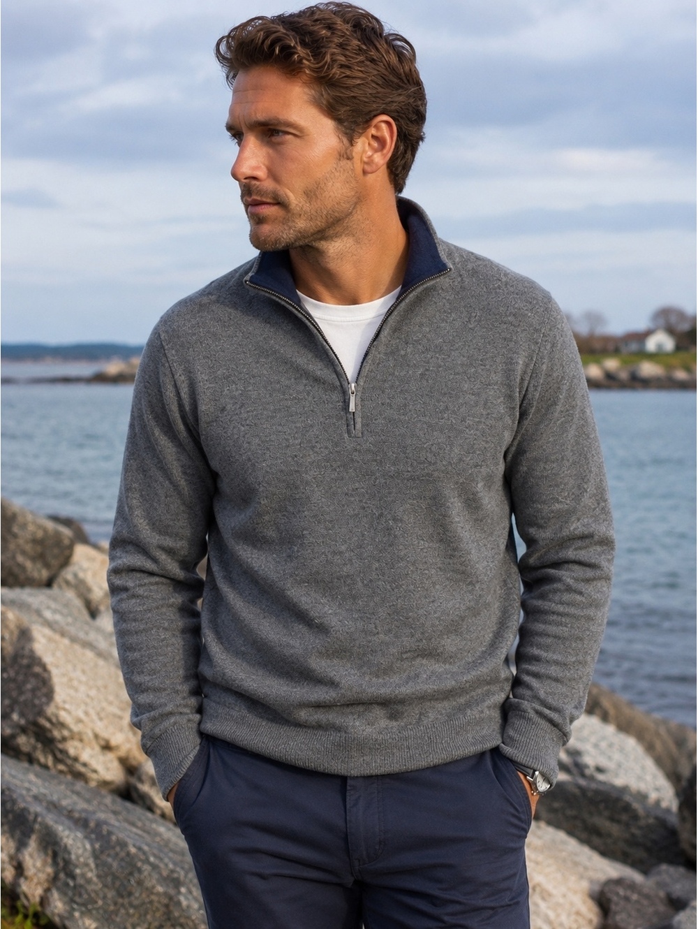Brooks Brothers Men’s 100% Merino Wool Quarter-Zip Sweater Gray Navy L NWOT
